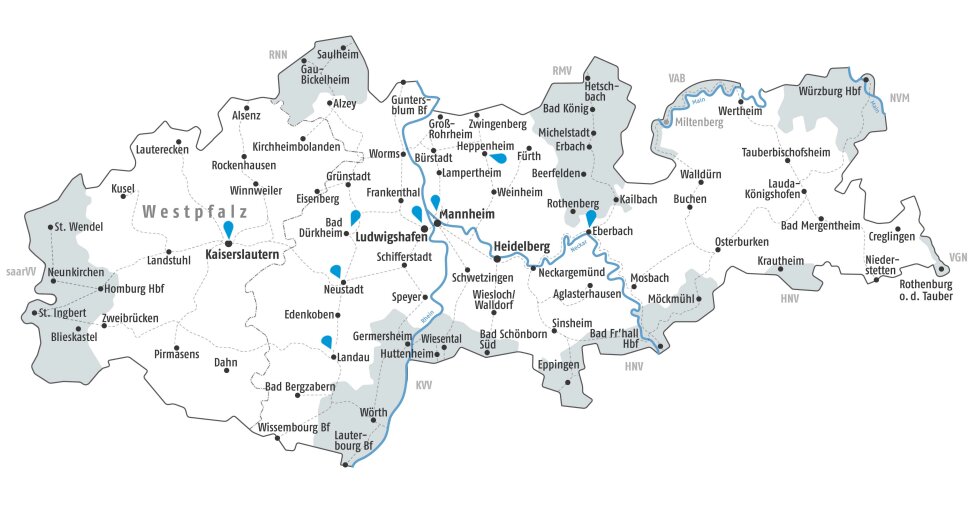 Karte des VRN-Gebietes, auf der Standorte von Radboxen markiert sind