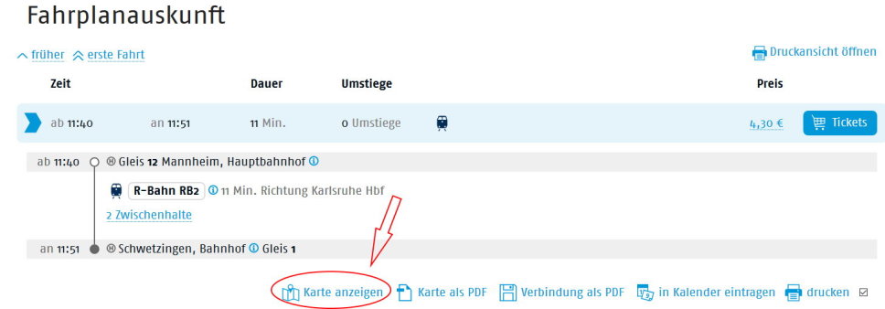 Screenshot der Fahrplanauskunft 