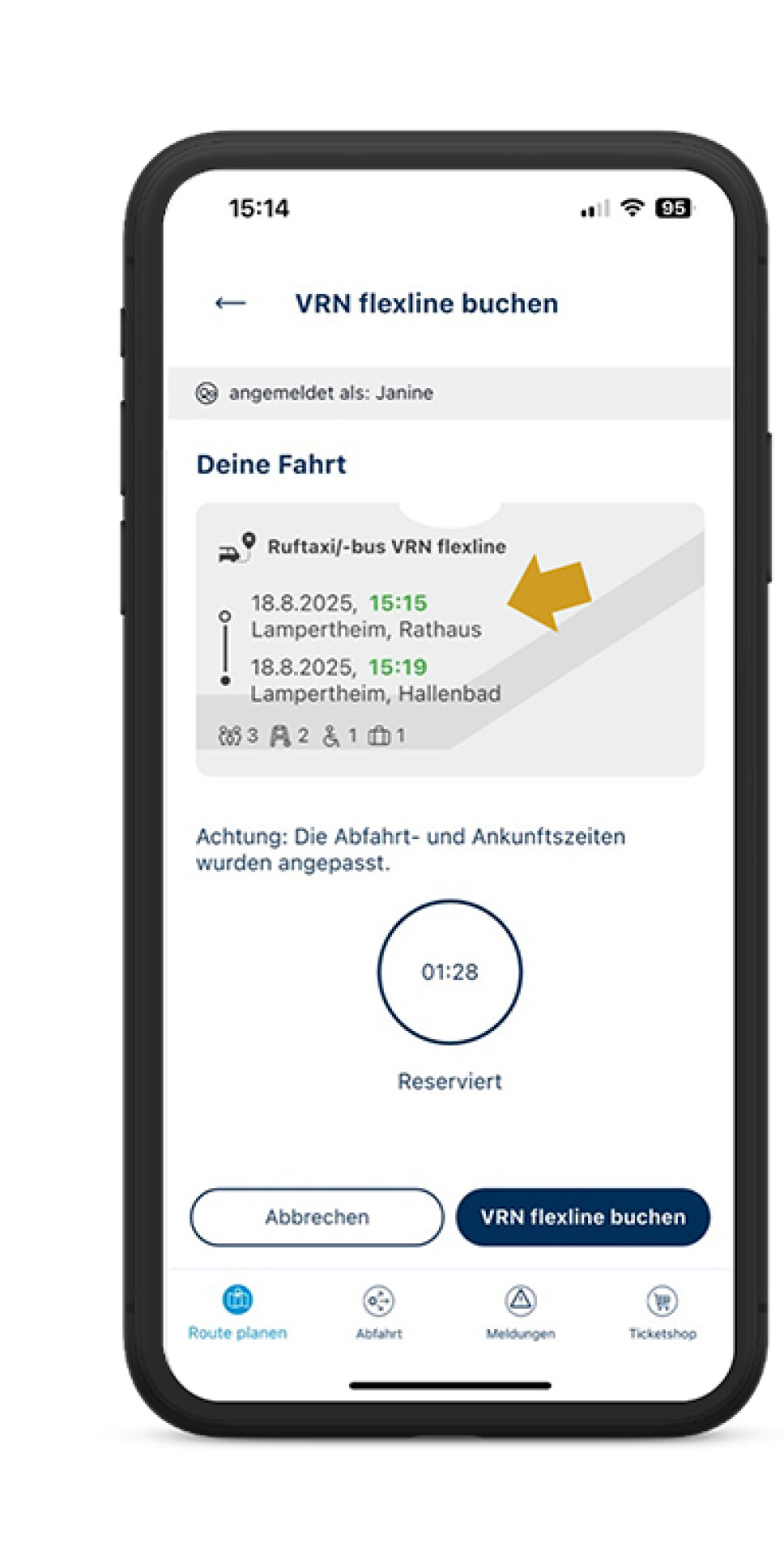 Handybildschirm zeigt gebuchte Fahrtdetails an