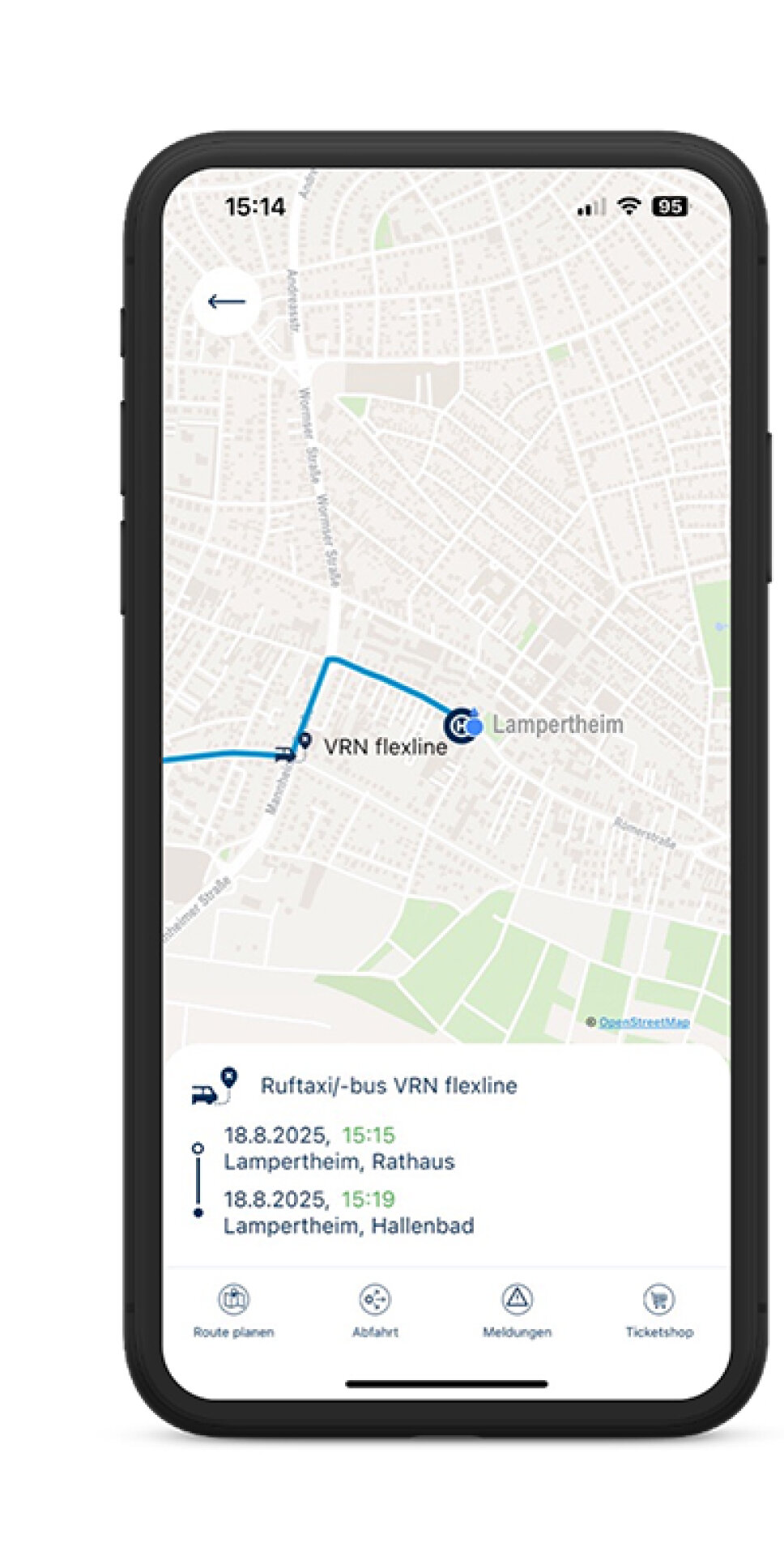 Handybildschirm zeigt die Fahrtroute auf einer Karte an