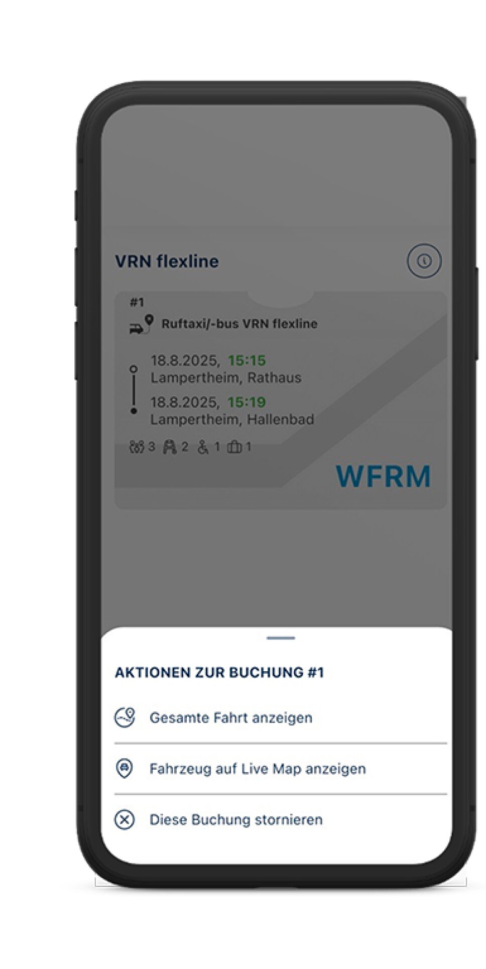Handybildschirm zeigt mögliche Aktionen zur Buchung an