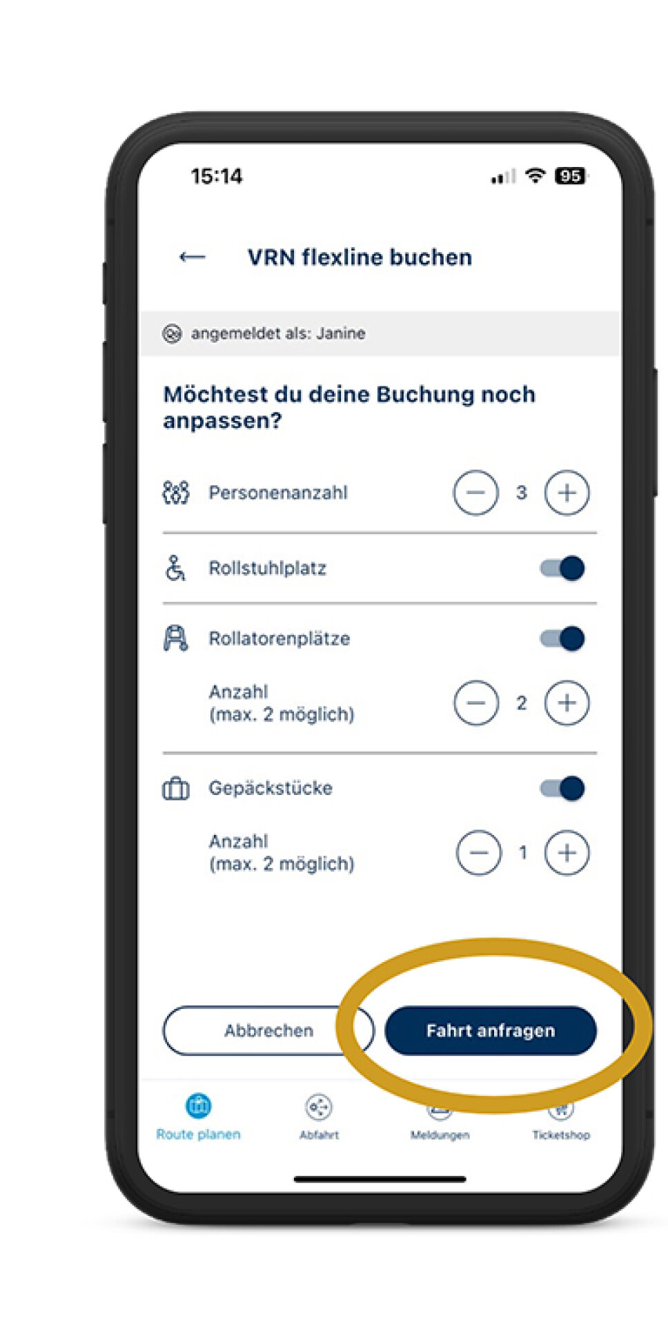 Handybildschirrm zeigt die Anpassungsmöglichkeiten bei der Buchung an