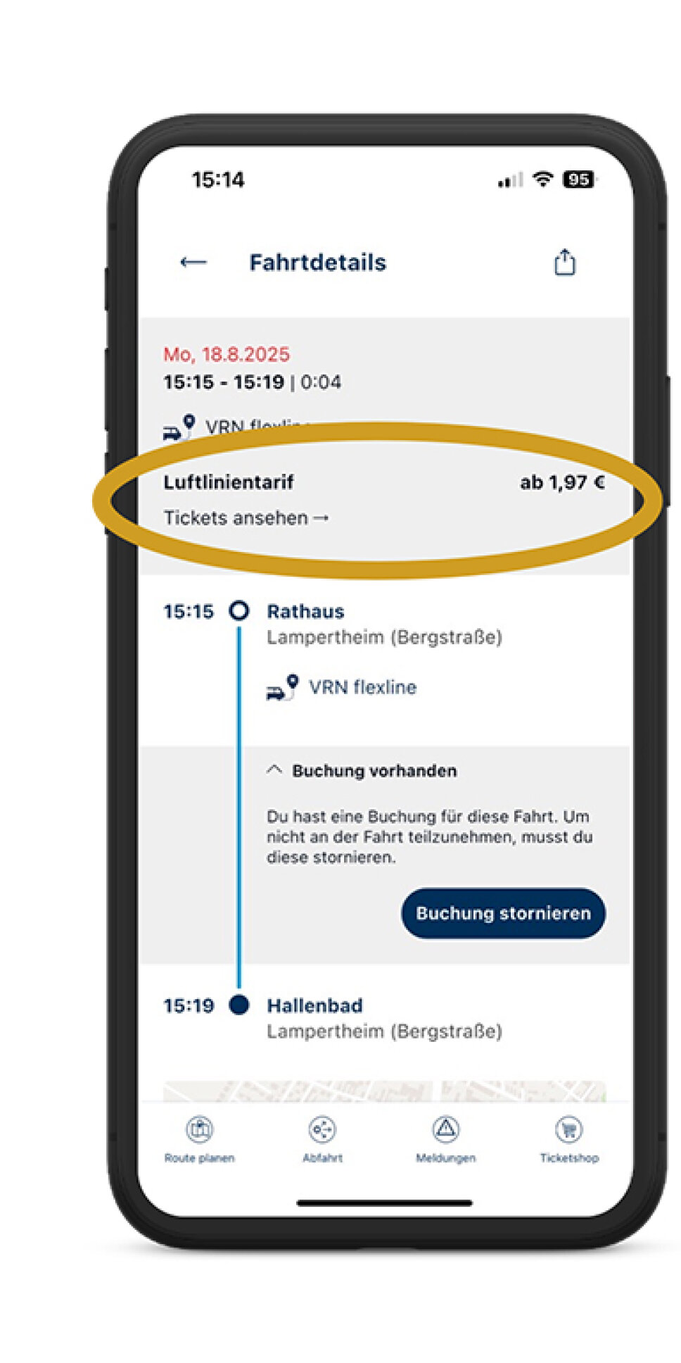 Handybildschirm zeigt die Möglichkeit  zur Buchung des Luftlinientarifs an