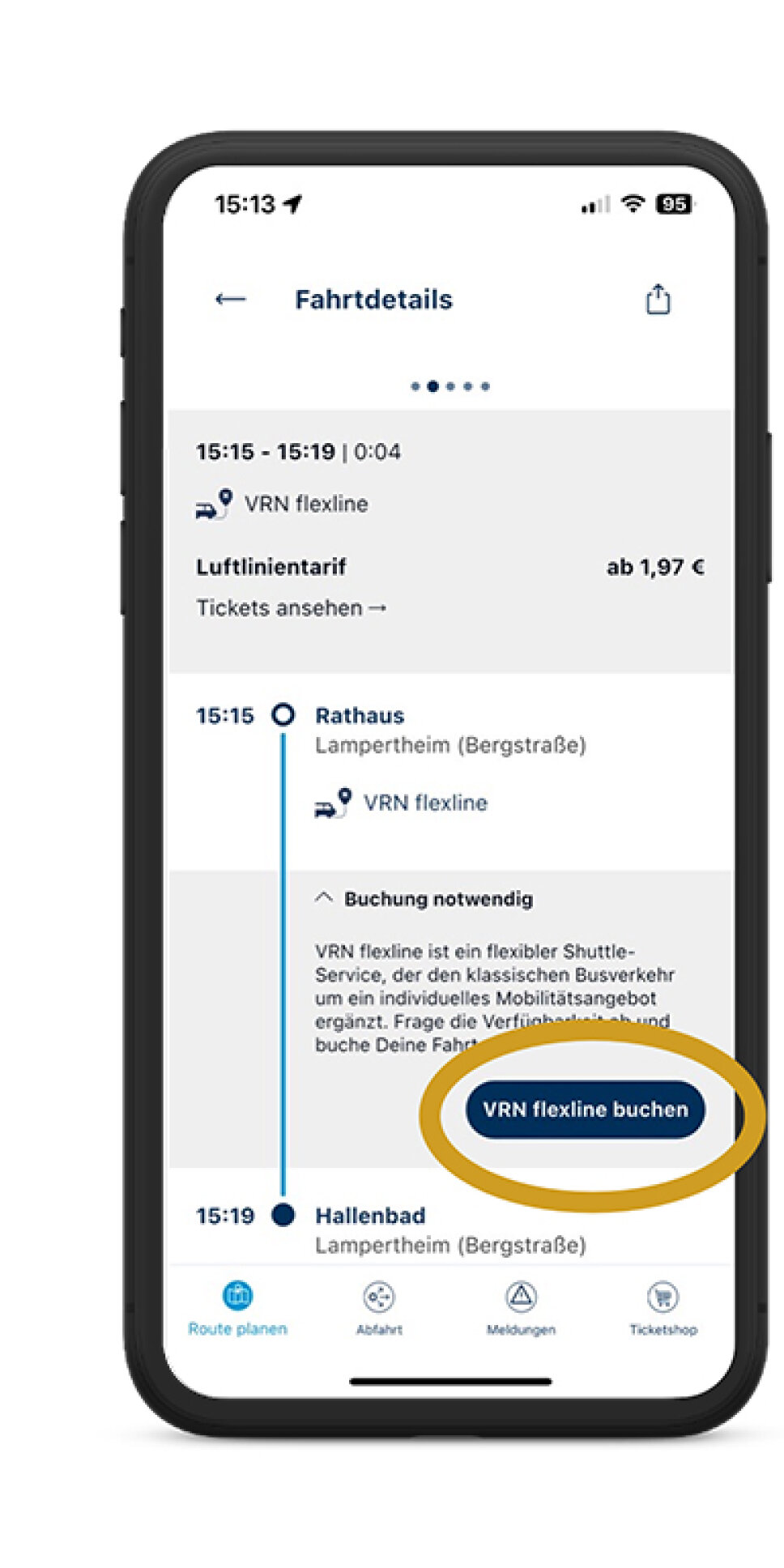 Handybildschirm zeigt Buchungsmöglichkeit von VRNflexline an