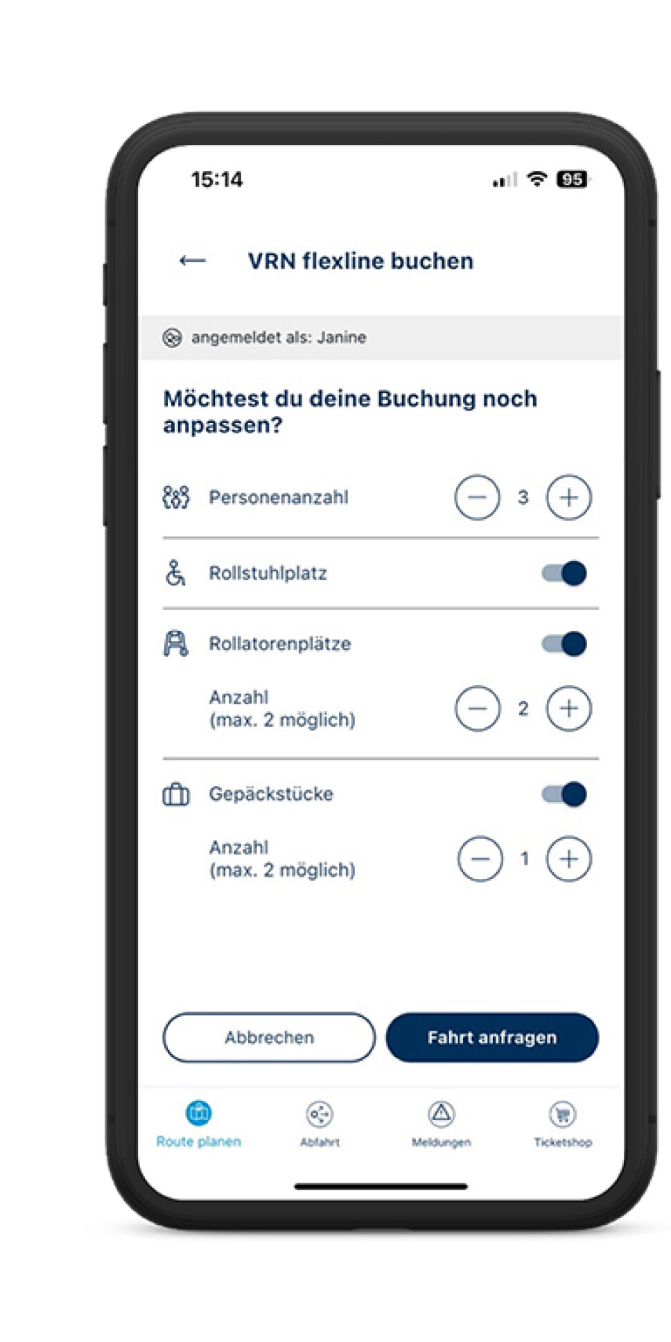 Handybildschirm zeigt das Buchungs-Menü für VRNflexline an
