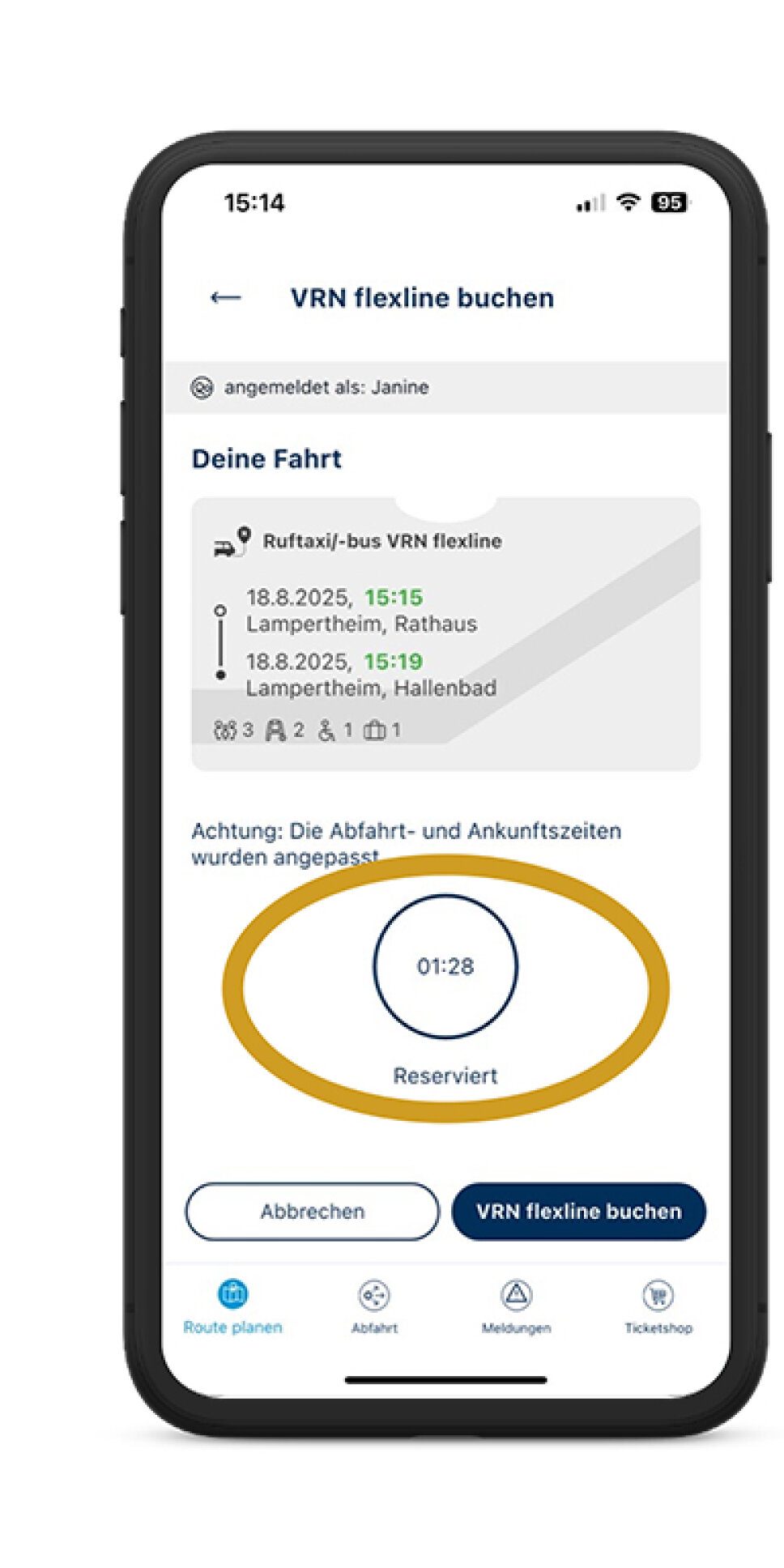 Handybildschirm zeigt reservierte Buchung an