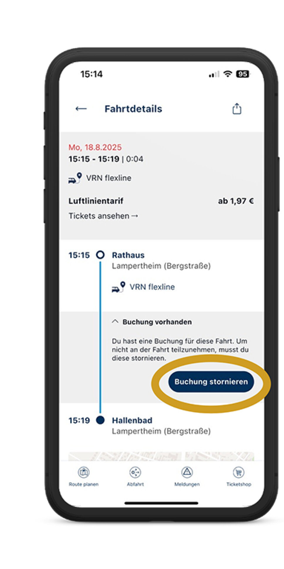 Handybildschirm zeigt die Schaltfläche zur Stornierung in den Fahrtdetails an