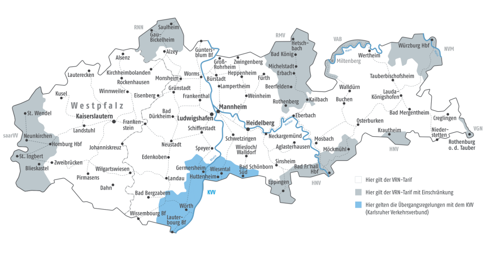 Karte des Verbundgebietes mit farblich markiertem Übergangsgebiet zum KVV